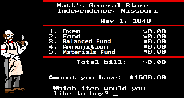 A shopkeep from Oregon Trail sells oxen and other goods to eager travellers, but not many mutual funds.