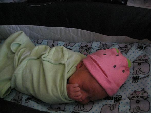 Blueberry swaddled in a pink hat, gorgeous and peaceful at home on day 4.