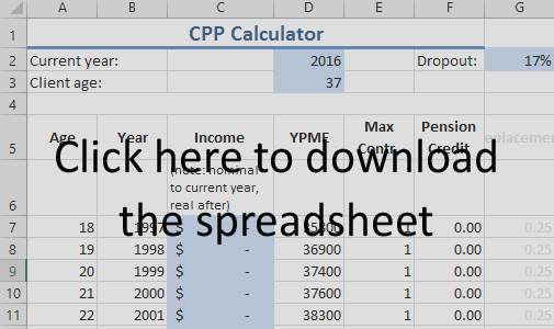 A screenshot of the CPP calculator spreadsheet