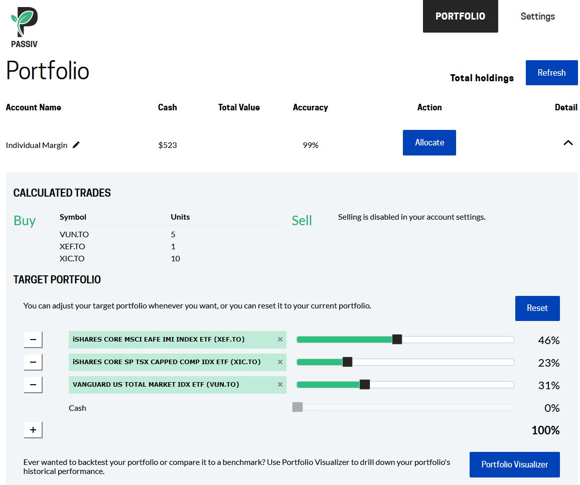 Screenshot of Passiv with sliders for asset allocation.