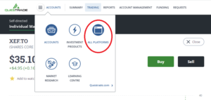 Screenshot of Questrade platform, selecting another platform