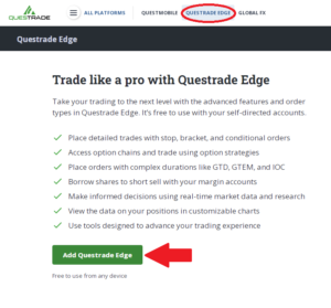 Screenshot of Questrade, adding the Edge platform