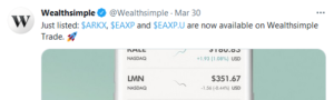 Screengrab of a WSTrade ad on Twitter highlighting the recent highly speculative securities you can now trade. I'll snark for posterity that anyone that bought ARKK is down 35 percent since.