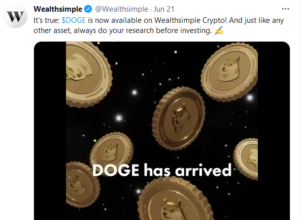 Screengrab of a WSTrade ad on Twitter highlighting the recent highly speculative securities you can now trade, including a crypto coin that was explicitly created as a joke. I'll add some snark that this highly speculative thing is down 50 percent since being added to the platform, and indeed has never traded above that point.