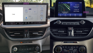 Side-by-side pictures of the Escape centre stacks with the 2023 touchscreen-dominated one on the left, and the 2022 one with physical buttons for radio and climate functions.